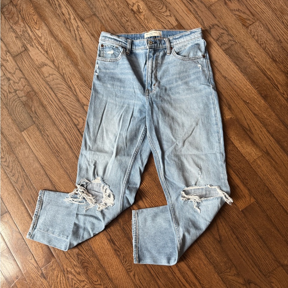 Abercrombie & Fitch Distressed Light Blue “The Mom” High Rise Jeans